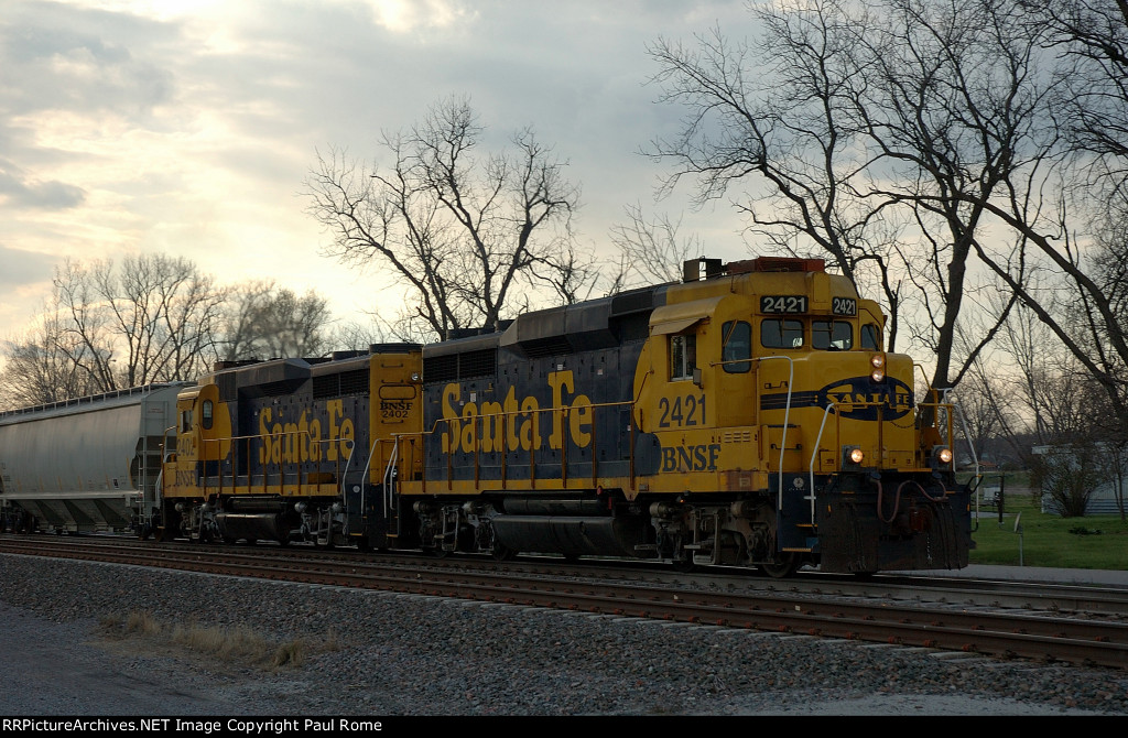 BNSF 2421 and 2402, EMD GP30s lead an eastbound 